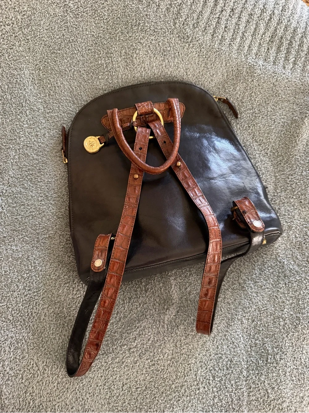 Brahmin Leather Backpack Black Brown Croc Embossed Vintage + Dust Bag